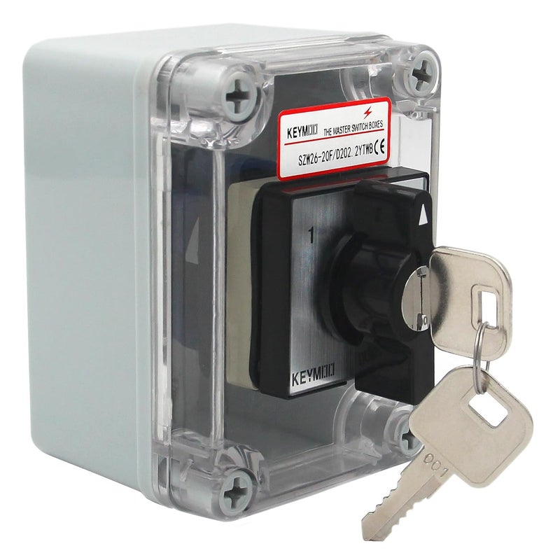 Keymoo 20A Rotary Changeover Switch with Key Lock, 660V 3 Position 2 Phase 8 Terminals, 2-Way 2NO 2NC, Universal Selector Switch with Waterproof Enclosure (3 Positions 2 Poles w/Key) - Image 1
